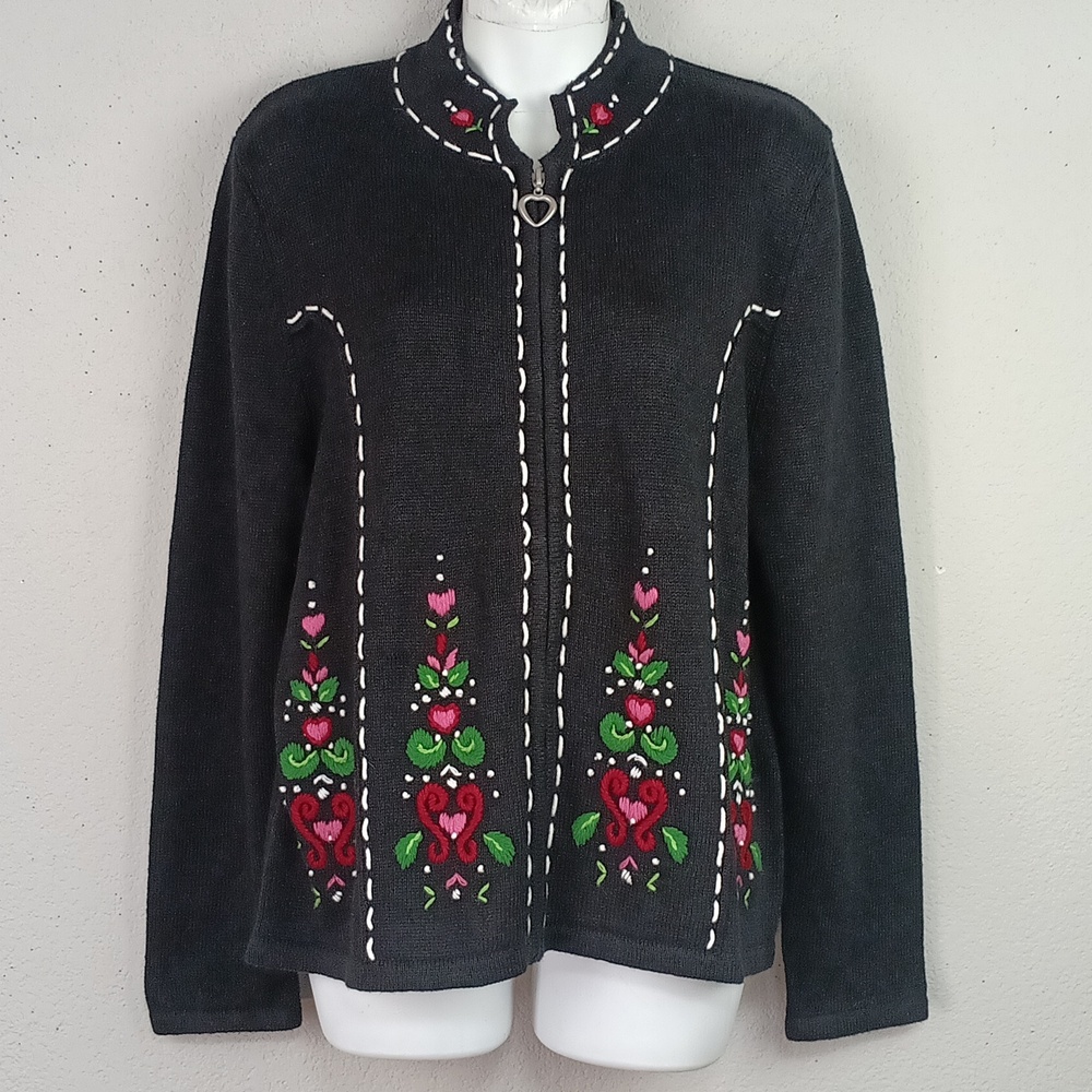Orvis Womens Black Embroidered Knit Zip Up Floral Cardigan Jacket sz L